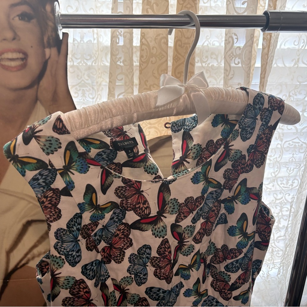 Talbots White Sleeveless Dress with Multicolor Butterfly Print